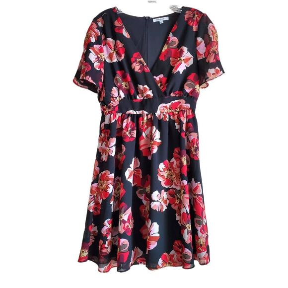 MADEWELL Size 0 Dress French Rose V-Neck Mini Black Red Lined Tulip Sleeve 34" - Picture 1 of 8